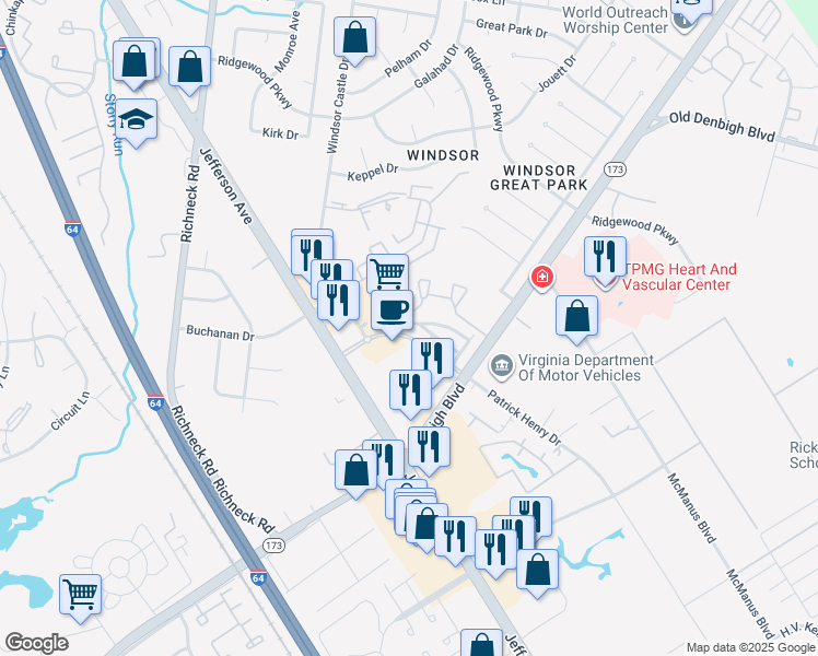 map of restaurants, bars, coffee shops, grocery stores, and more near 700 River Rock Way in Newport News