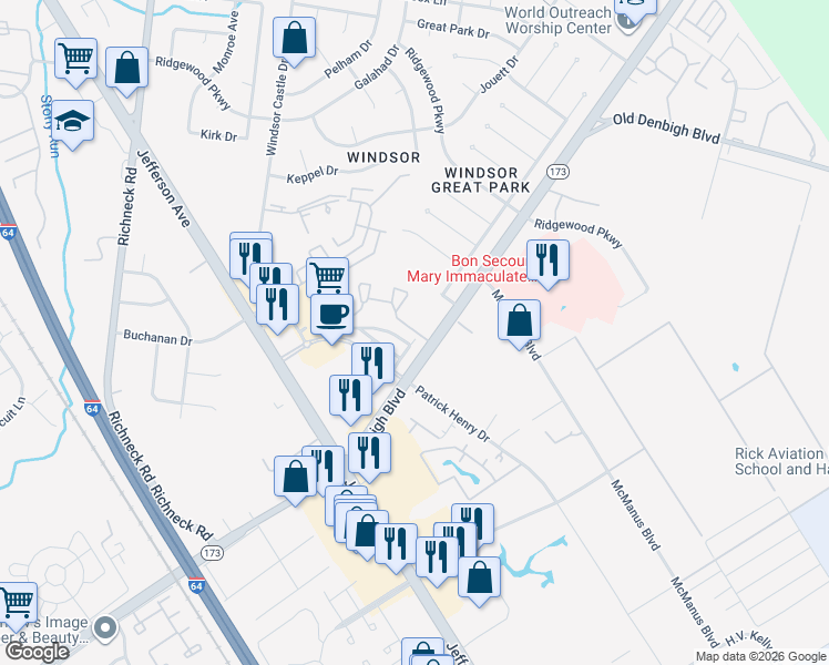 map of restaurants, bars, coffee shops, grocery stores, and more near in Newport News
