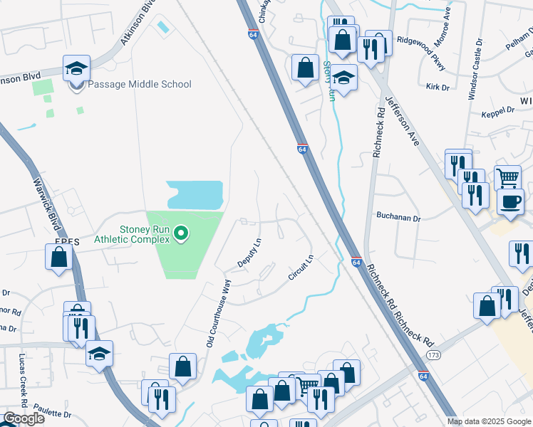 map of restaurants, bars, coffee shops, grocery stores, and more near 377 Deputy Lane in Newport News