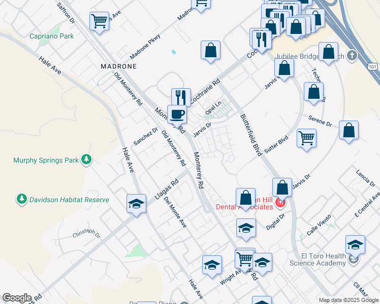 map of restaurants, bars, coffee shops, grocery stores, and more near 18545 Monterey Road in Morgan Hill