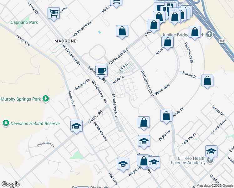 map of restaurants, bars, coffee shops, grocery stores, and more near 18315 Pasadas Lane in Morgan Hill