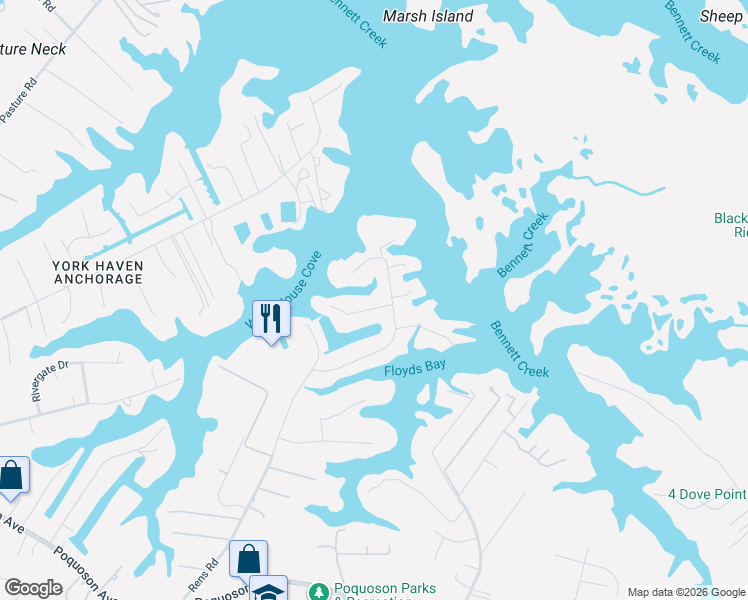 map of restaurants, bars, coffee shops, grocery stores, and more near 100 White House Drive in Poquoson