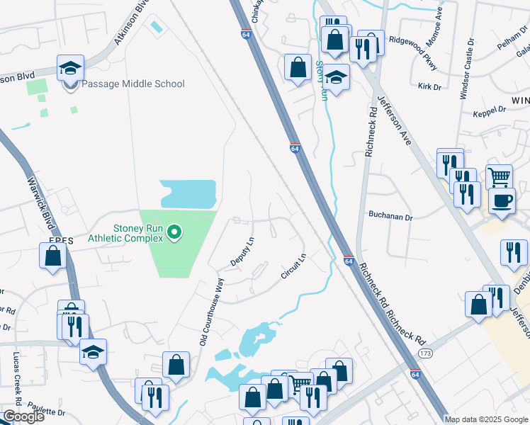 map of restaurants, bars, coffee shops, grocery stores, and more near 305 Circuit Lane in Newport News