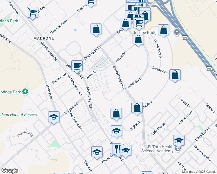 map of restaurants, bars, coffee shops, grocery stores, and more near 18312 Palomares Lane in Morgan Hill