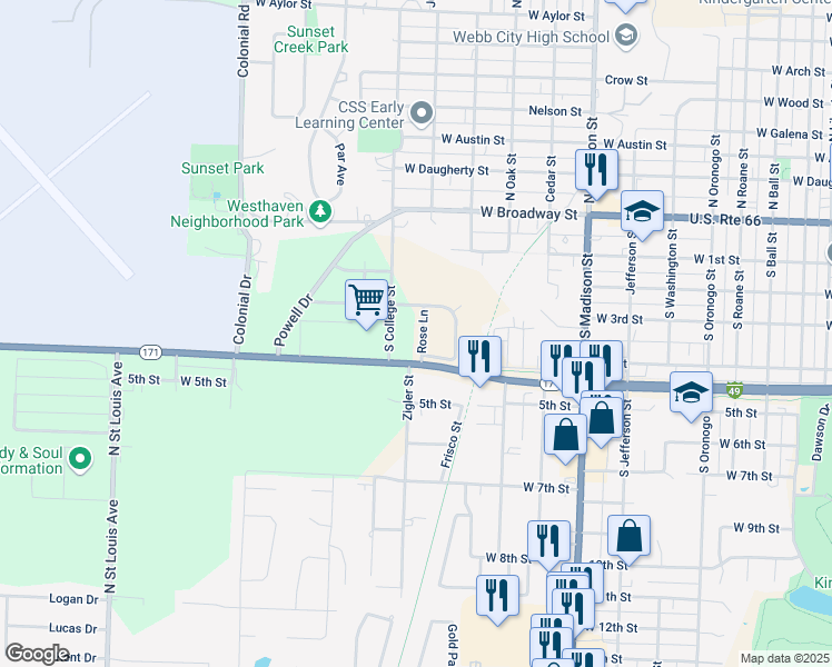 map of restaurants, bars, coffee shops, grocery stores, and more near 318 Rose Lane in Webb City
