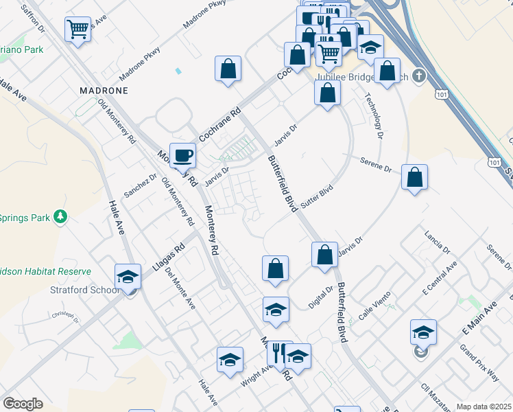map of restaurants, bars, coffee shops, grocery stores, and more near 227 Jarvis Drive in Morgan Hill