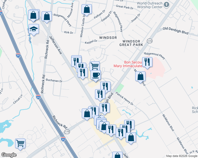 map of restaurants, bars, coffee shops, grocery stores, and more near 718 River Rock Way in Newport News