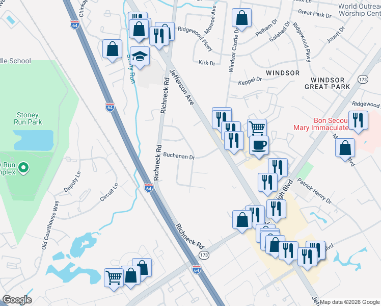 map of restaurants, bars, coffee shops, grocery stores, and more near 27 Prince William Road in Newport News