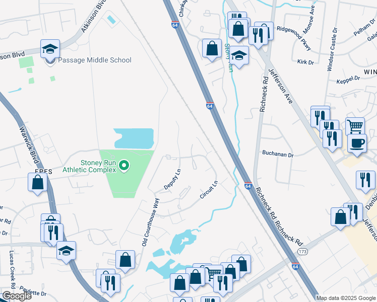 map of restaurants, bars, coffee shops, grocery stores, and more near 305 Circuit Lane in Newport News