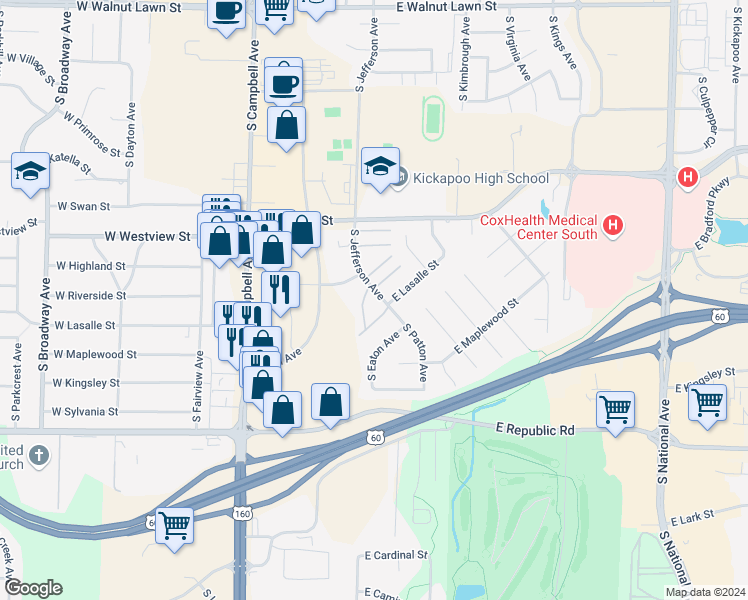 map of restaurants, bars, coffee shops, grocery stores, and more near 38 Deanne Circle in Springfield