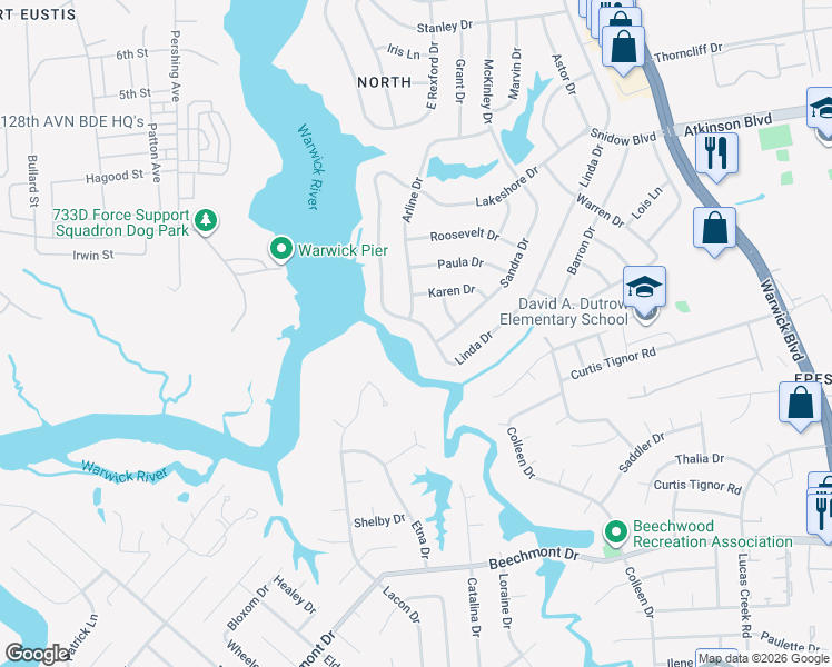 map of restaurants, bars, coffee shops, grocery stores, and more near 101 Linda Drive in Newport News