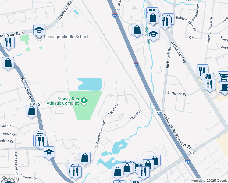 map of restaurants, bars, coffee shops, grocery stores, and more near 374 Deputy Lane in Newport News
