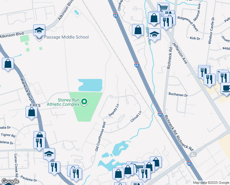 map of restaurants, bars, coffee shops, grocery stores, and more near 374 Deputy Lane in Newport News