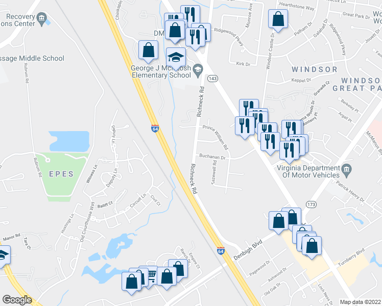 map of restaurants, bars, coffee shops, grocery stores, and more near 121 Richneck Road in Newport News