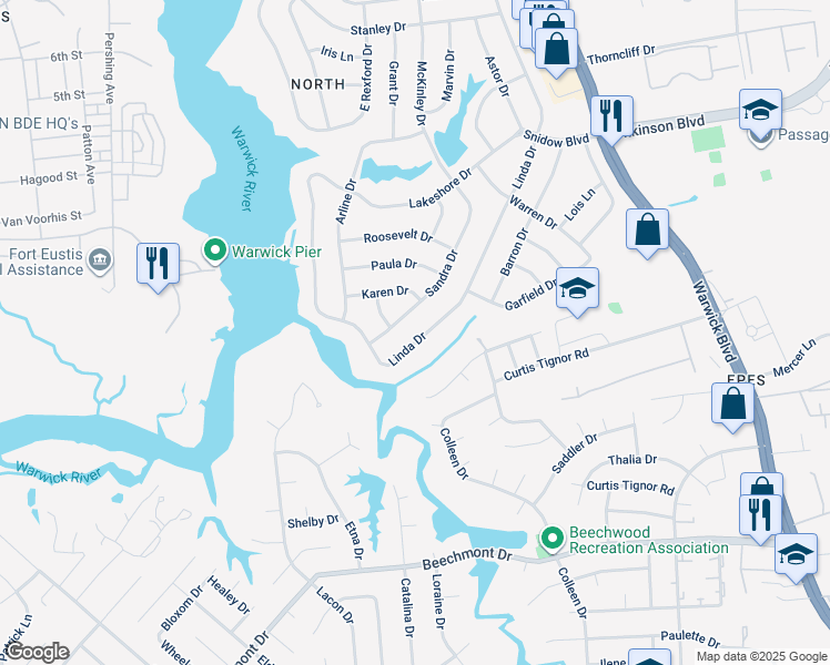 map of restaurants, bars, coffee shops, grocery stores, and more near 64 Linda Drive in Newport News