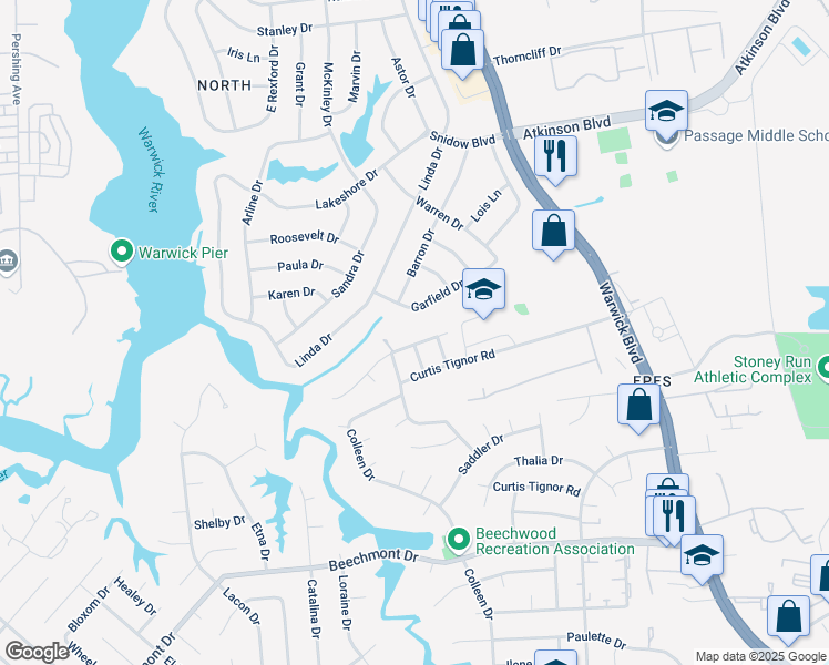 map of restaurants, bars, coffee shops, grocery stores, and more near 10 Garfield Drive in Newport News