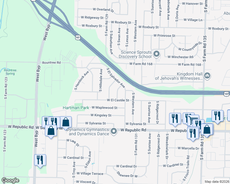 map of restaurants, bars, coffee shops, grocery stores, and more near 3947 South El Susan Avenue in Springfield