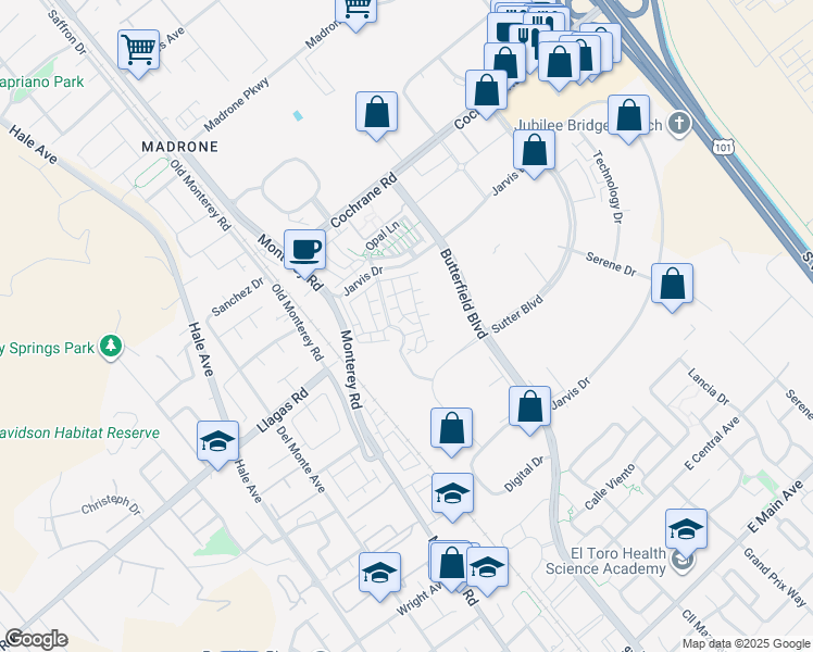 map of restaurants, bars, coffee shops, grocery stores, and more near 227 Jarvis Drive in Morgan Hill