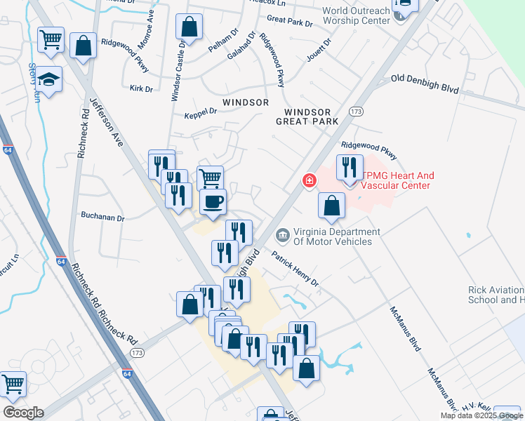 map of restaurants, bars, coffee shops, grocery stores, and more near 714 River Rock Way in Newport News