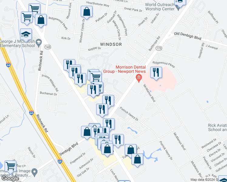 map of restaurants, bars, coffee shops, grocery stores, and more near 714 River Rock Way in Newport News