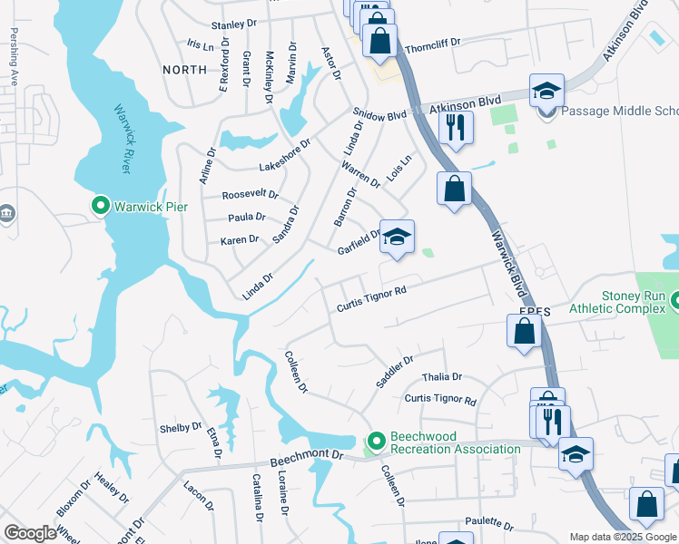 map of restaurants, bars, coffee shops, grocery stores, and more near 10 Garfield Drive in Newport News