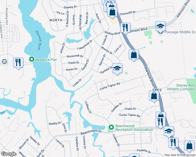 map of restaurants, bars, coffee shops, grocery stores, and more near 10 Garfield Drive in Newport News