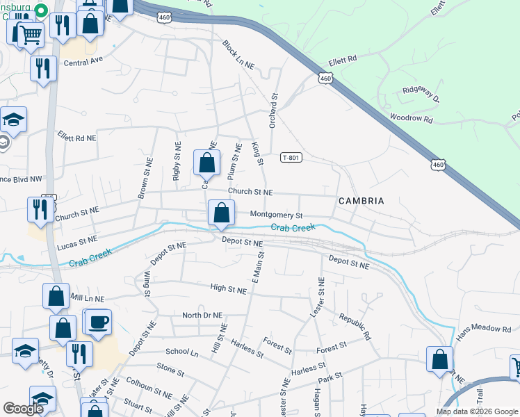 map of restaurants, bars, coffee shops, grocery stores, and more near 810 Montgomery Street in Christiansburg
