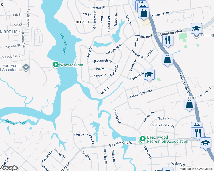 map of restaurants, bars, coffee shops, grocery stores, and more near 64 Linda Drive in Newport News