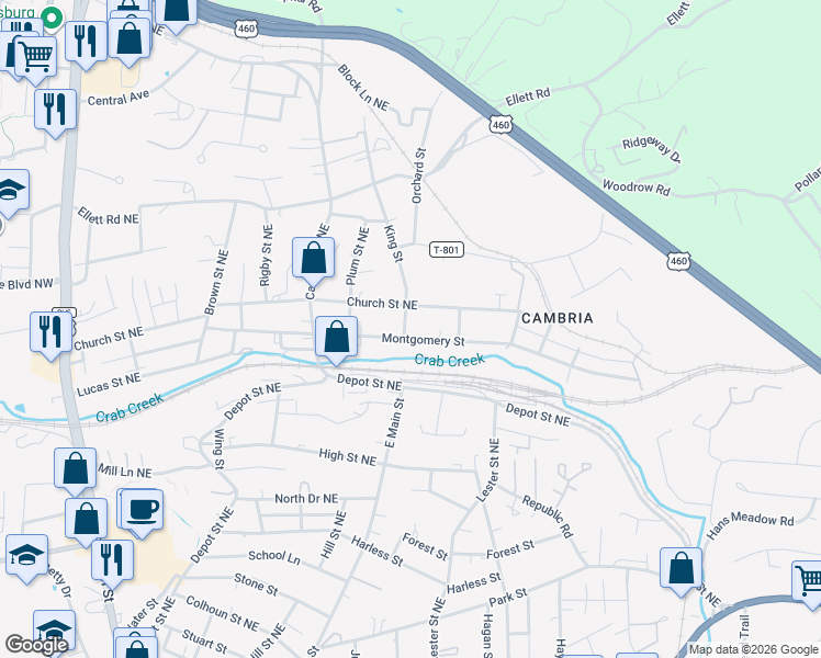 map of restaurants, bars, coffee shops, grocery stores, and more near 810 Montgomery Street in Christiansburg