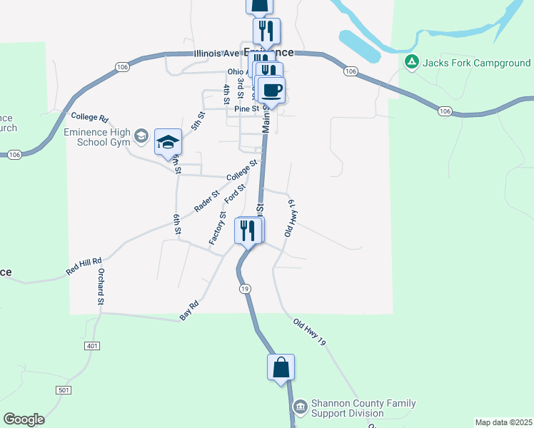 map of restaurants, bars, coffee shops, grocery stores, and more near 103 Main Street in Eminence