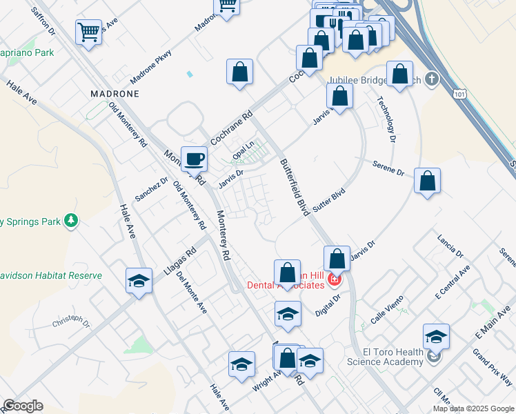 map of restaurants, bars, coffee shops, grocery stores, and more near 18328 Villanova Lane in Morgan Hill
