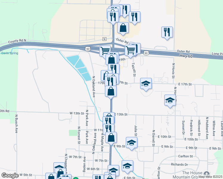 map of restaurants, bars, coffee shops, grocery stores, and more near North Main Avenue in Mountain Grove