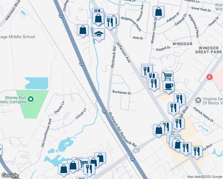 map of restaurants, bars, coffee shops, grocery stores, and more near 1 Buchanan Drive in Newport News