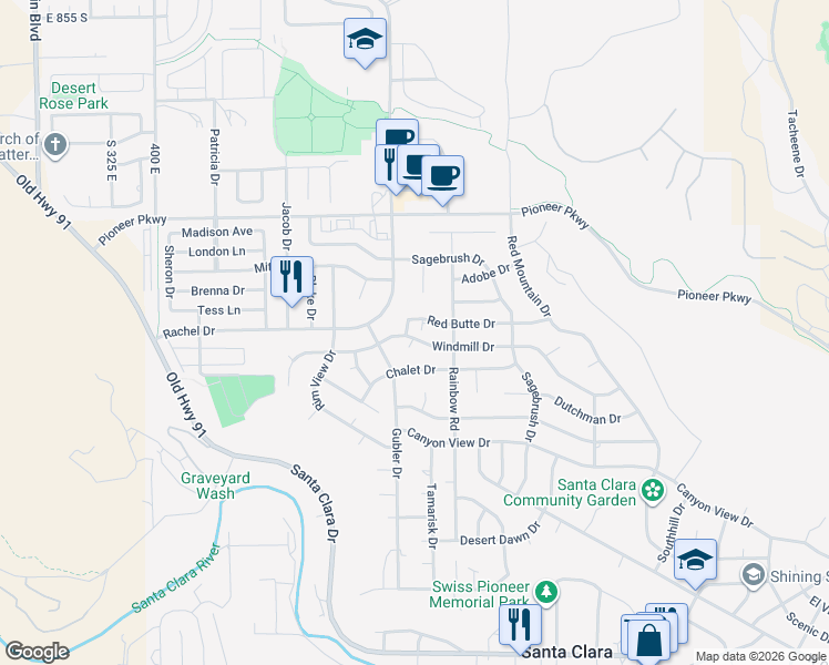 map of restaurants, bars, coffee shops, grocery stores, and more near 3580 Windmill Drive in Santa Clara