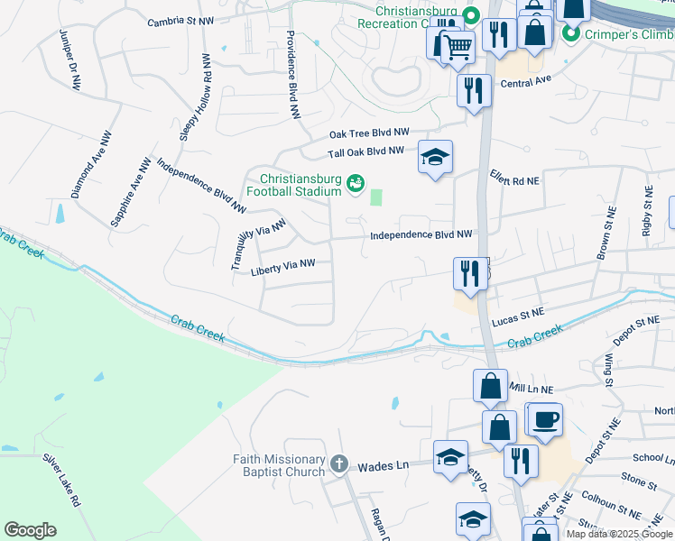 map of restaurants, bars, coffee shops, grocery stores, and more near 425 Liberty Via in Christiansburg