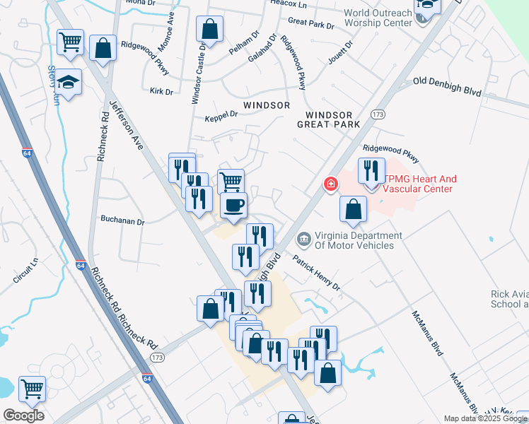 map of restaurants, bars, coffee shops, grocery stores, and more near 716 River Rock Way in Newport News