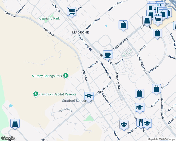 map of restaurants, bars, coffee shops, grocery stores, and more near 190 Sanchez Drive in Morgan Hill