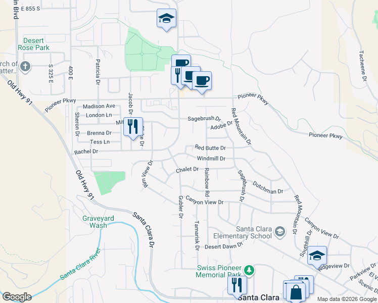 map of restaurants, bars, coffee shops, grocery stores, and more near 3547 Red Butte Drive in Santa Clara
