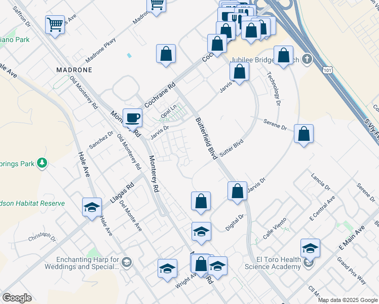 map of restaurants, bars, coffee shops, grocery stores, and more near 18220 Butterfield Boulevard in Morgan Hill