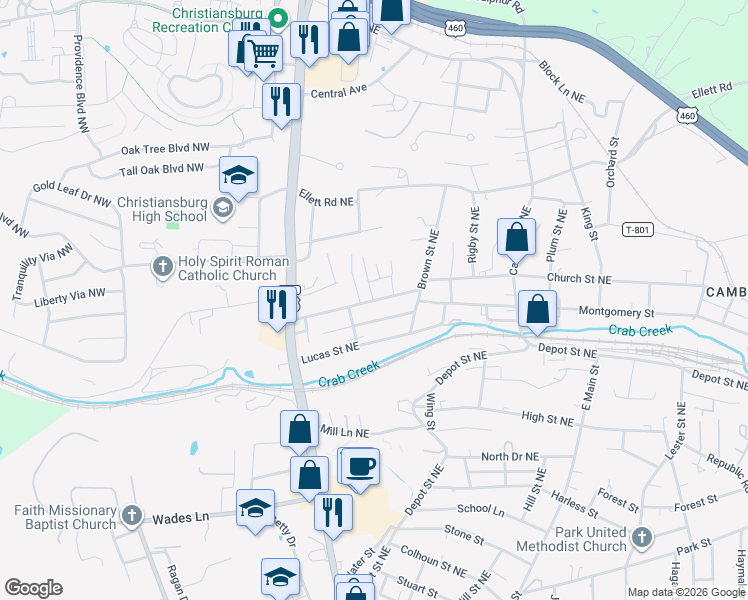 map of restaurants, bars, coffee shops, grocery stores, and more near 215 Church Street Northeast in Christiansburg