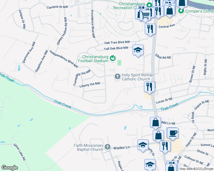 map of restaurants, bars, coffee shops, grocery stores, and more near 425 Liberty Via in Christiansburg