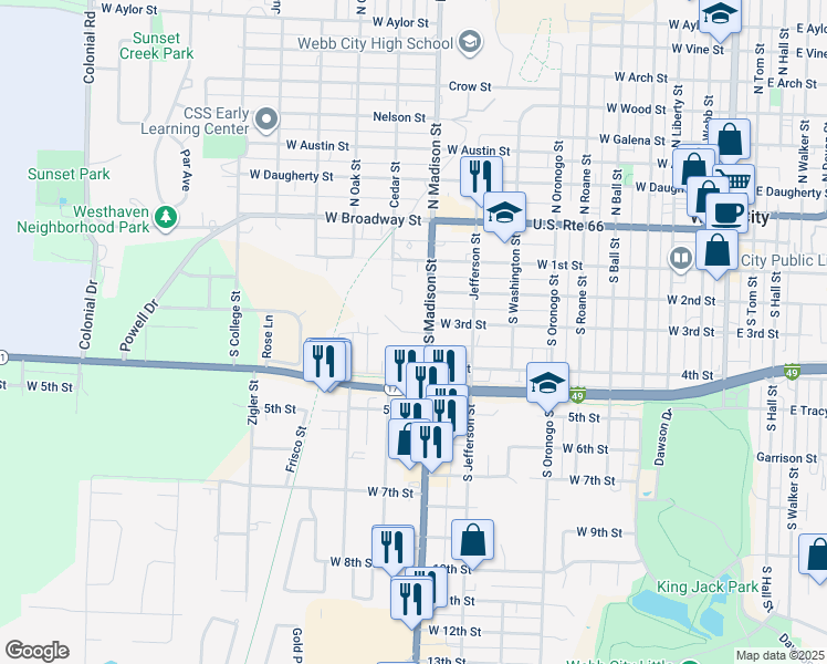 map of restaurants, bars, coffee shops, grocery stores, and more near 300 Oakland Street in Webb City