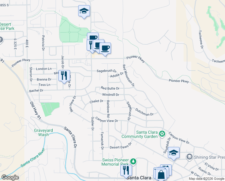 map of restaurants, bars, coffee shops, grocery stores, and more near 3495 Red Butte Drive in Santa Clara