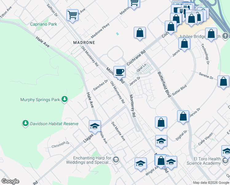 map of restaurants, bars, coffee shops, grocery stores, and more near 18445 Old Monterey Road in Morgan Hill