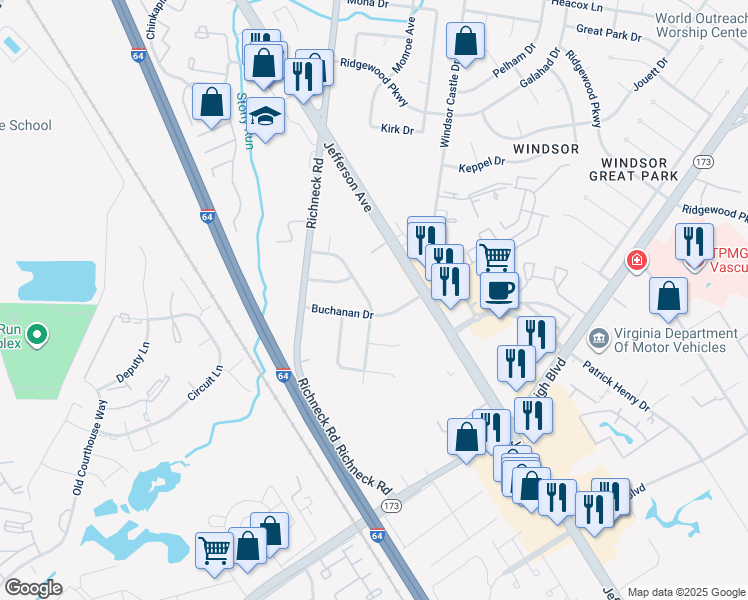 map of restaurants, bars, coffee shops, grocery stores, and more near 27 Prince William Road in Newport News