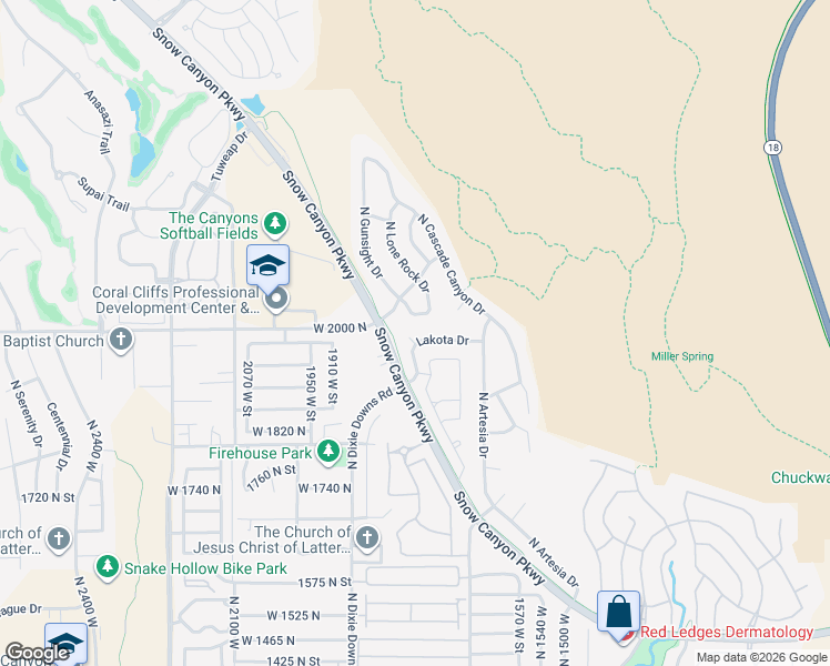 map of restaurants, bars, coffee shops, grocery stores, and more near 1992 Lakota Drive in St. George