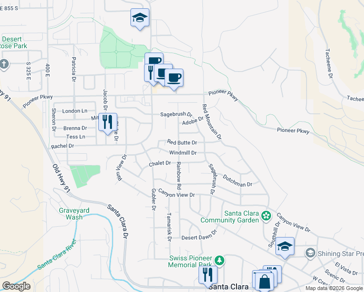 map of restaurants, bars, coffee shops, grocery stores, and more near 3495 Red Butte Drive in Santa Clara