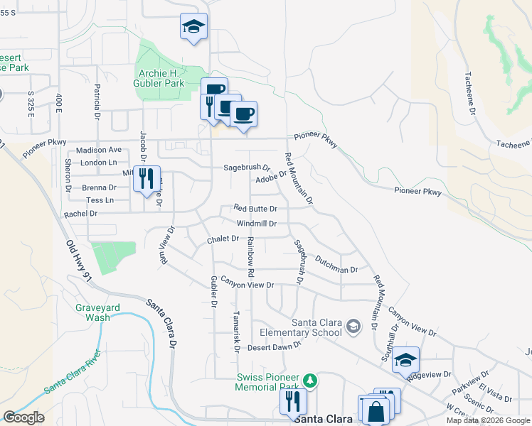 map of restaurants, bars, coffee shops, grocery stores, and more near 3475 Red Butte Drive in Santa Clara