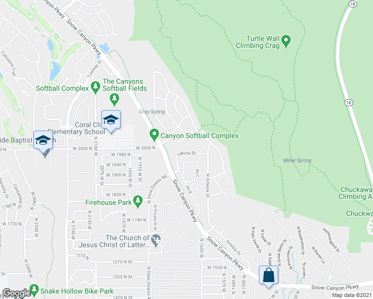map of restaurants, bars, coffee shops, grocery stores, and more near 1722 Lakota Drive in St. George