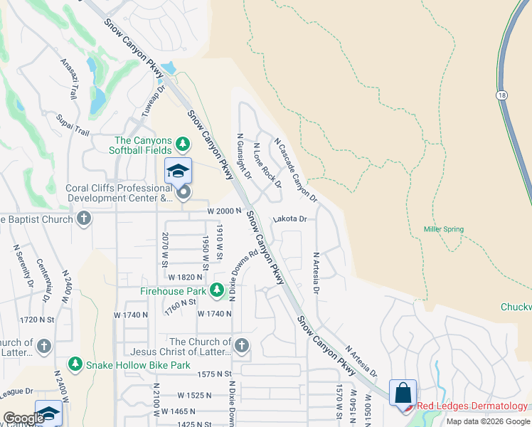 map of restaurants, bars, coffee shops, grocery stores, and more near 1992 Lakota Drive in St. George